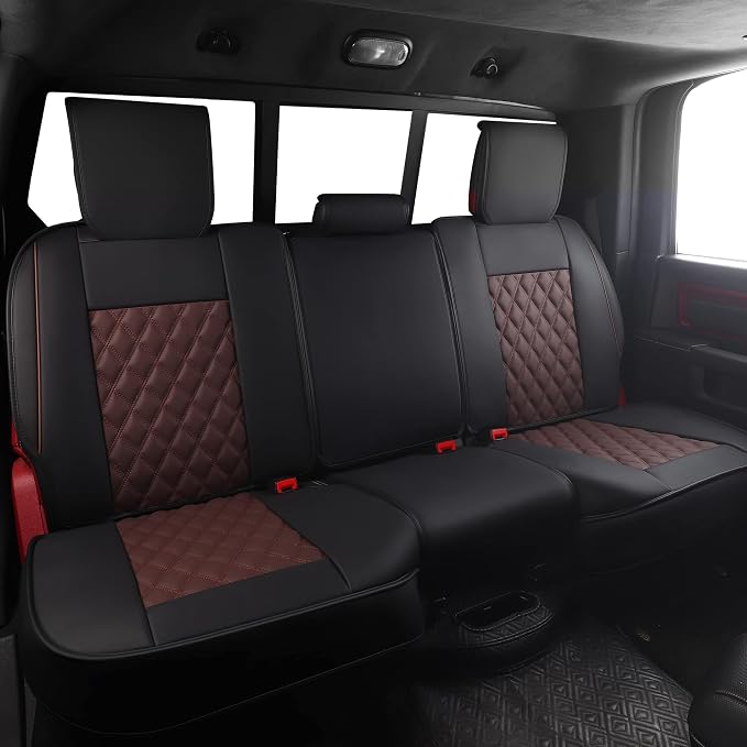 JOJOBAY Car Seat Covers for Dodge Ram,Fit 2009-2025 1500/2500/3500 HD Pick-up Truck,Crew,Regular,Quad,Mega Cab,Waterproof Synthetic Leather Seat Covers(Rear Seat Cover,Black-Brown)