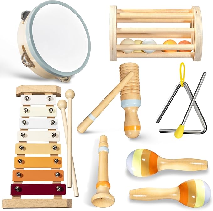 Baby Musical Instruments Set - Montessori Wooden Toys for Toddlers 1-3, Neutral Colors Drum Percussion Instruments Set with Modern Boho Xylophone, Preschool Educational Tool for Kids Age 3+