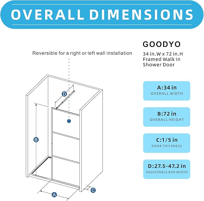 Goodyo Fixed Shower Door 34" X 72" Clear Tempered Glass Shower Screen Panel