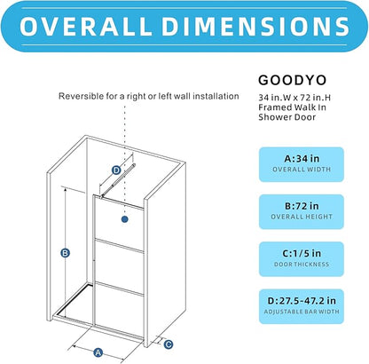 Goodyo Fixed Shower Door 34" X 72" Clear Tempered Glass Shower Screen Panel