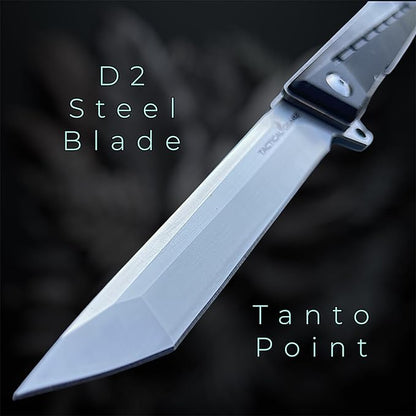 TACTICAL GEARZ Pocket Folding Knife for EDC, G10 Handle, D2 Steel Tanto Blade, Includes Sheath (Nyx)
