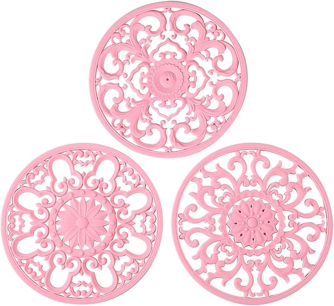 Extra Thick Silicone Trivet Mat for Hot Dishes, Hot Pots and Pans, Pot Holder, Hot Pad to Portect Your Table and Countertop, Kitchen Decor and Accessories,Pink,Set of 3
