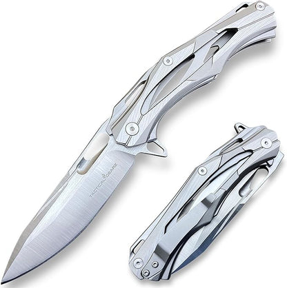 TACTICAL GEARZ Stainless Steel Pocket Knife, Brushed Nickel Stainless Steel Handle, D2 Steel Blade, Includes Sheath (Kronus)