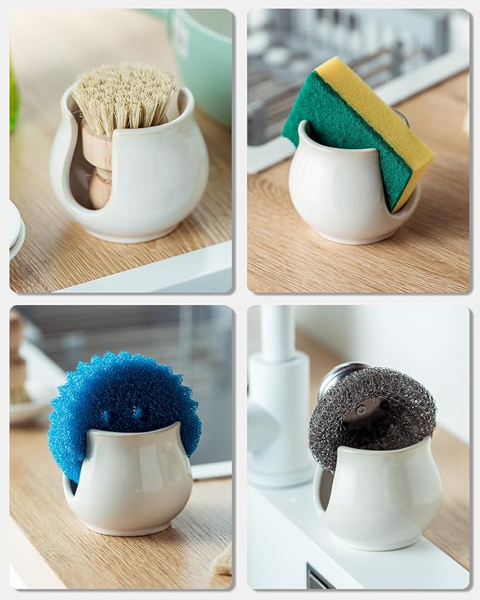 Zoeeker Sponge Holder for Kitchen Sink Counter, Ceramic Dish Sponge Caddy White