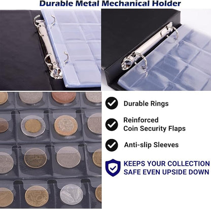 3in1 Coin Collection Holder Classic Album 190 Pockets - Paper Money Collector - Large Storage Book Organizer Display for Gold Silver Dollars Dollar Bill Currency Quarters Penny Foreign Coins (Blue)