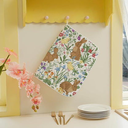 Spring Dish Drying Mat 18x24 Inch Easter Rabbit Bunny Floral Drying Mat Sage