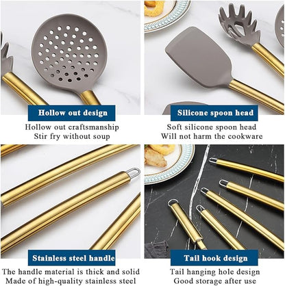 Gold Kitchen Utensils Set, Kyraton 38 Pieces Non-Stick Silicone Cooking Utensils Set, Spoon Spatula Set with Sturdy Stainless Steel Utensil Holder, Dishwasher Safe