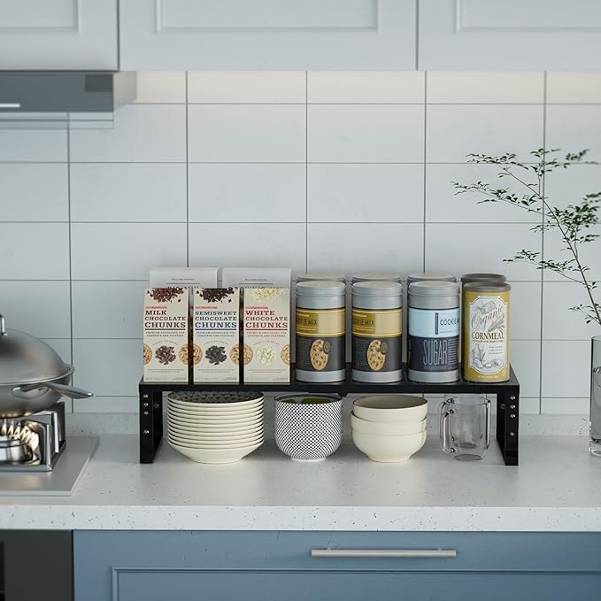 Expandable Spice Rack Kitchen Cabinet Shelf Organizer, Stackable Storage Shelves Racks, Adjustable Counter Shelving for Cabinets, Countertop, Cupboard,Pantry and More.(1Pack/Black/Medium)