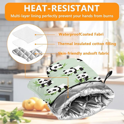 Cute Panda Oven Mitts and Pot Holders Sets 4Pcs, Extra Long Oven Gloves