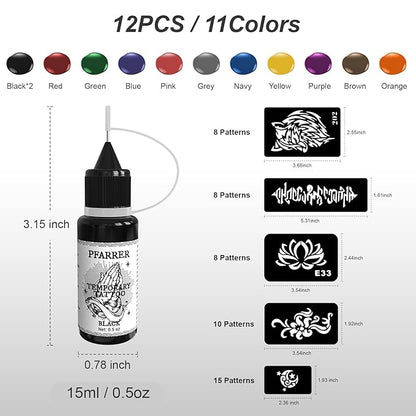 PFARRER Temporary Tattoo Kit12 Bottles Color Temporary Tattoo Ink,49 Big Pcs Stencils Kit for Body Paint DIY Fake Tattoos for Kids(Black*2,Red,Green,Blue,Pink,Grey,Navy,Yellow,Purple,Brown,Orange)