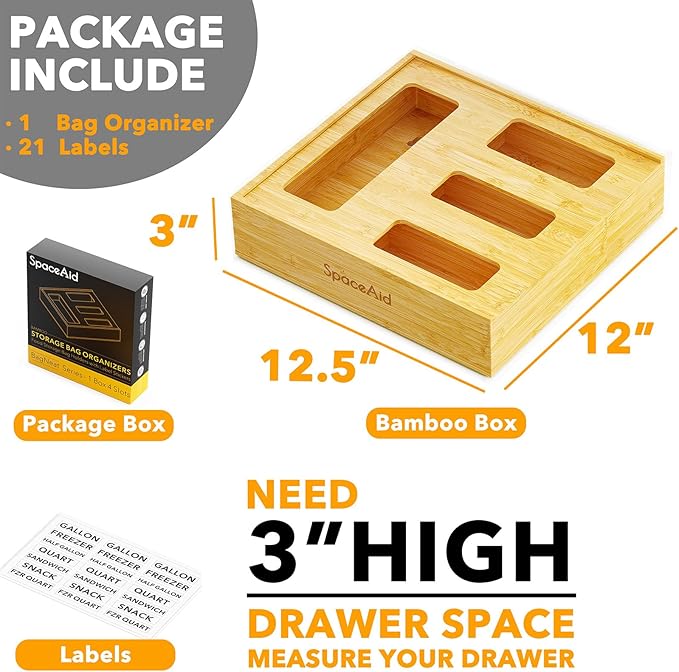 SpaceAid Bag Storage Organizer for Kitchen Drawer, Bamboo Organizer, Compatible