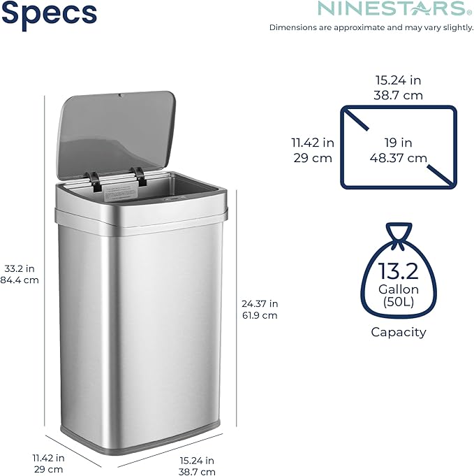 Ninestars 13 Gallon Odor Neutralizing Smart Trash Can, UV + Ozone Dual