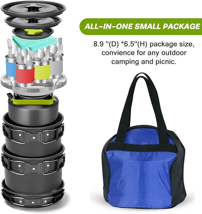 Odoland 29pcs Camping Cookware Mess Kit, Non-Stick Lightweight Pots Pan Kettle, Collapsible Water Container and Bucket, Stainless Steel Cups Plates Forks Knives Spoons for Outdoor Backpacking Picnic