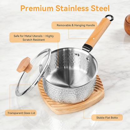 WANGYUANJI 1.8-Quart Stainless Steel Saucepan with Lid, Coating-Free Small Soup Pot, Hammered Finish, Induction Compatible, Tempered Glass Lid, Cool-Touch Wood Handle