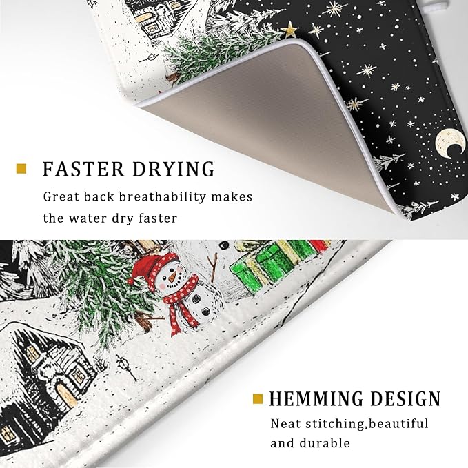 Winter Snowman Dish Drying Mat 24 X 18 in Black Microfiber Dish Pad Absorbent