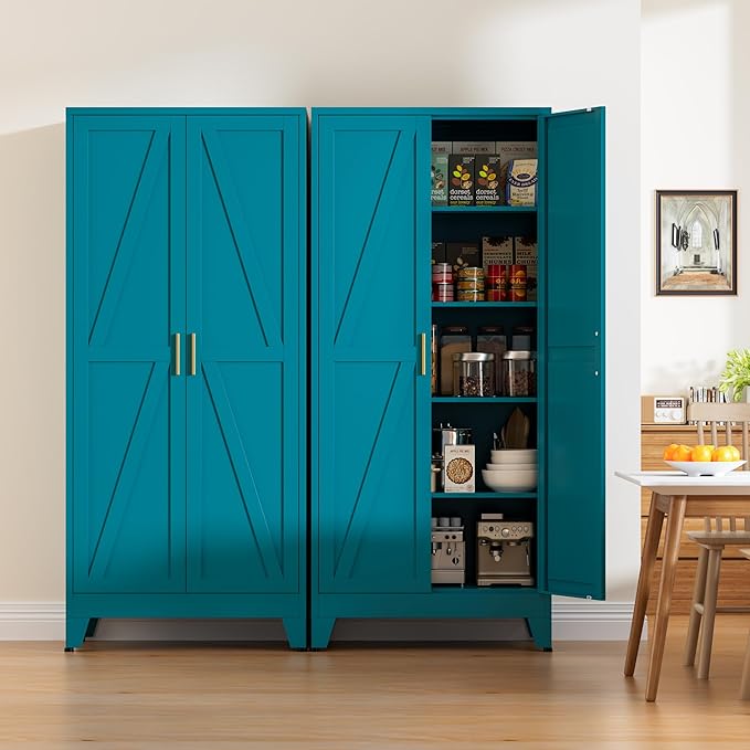 71" Tall Metal Pantry Cabinet, Kitchen Storage Cabinet with 2 Doors and 4 Adjustable Shelves for Kitchen, Living Room, Dining Room, Bathroom and Home, Office (Blue, 71" H)