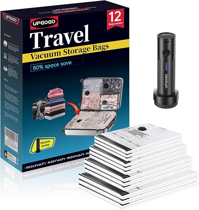 Combo 12 Pack Travel Vacuum Bags for Luggage with Portable Electric Pump,Vacuum Seal Bags for Clothing,Packing Cubes Compression,Cruise Ship and Travel Essentials