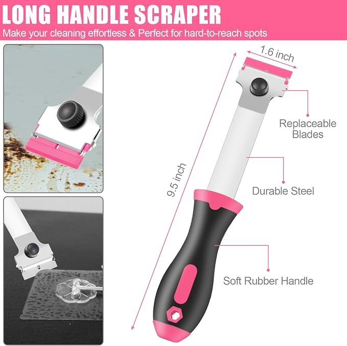 NECAMOCU 4 Pack Razor Blade Scraper, Premium Cleaning Scraper Tool with 50 PCS Metal & Plastic Razor Blades, Multi-Purpose Glass Scraper for Windows, Sticker, Decals, Cooktop, Paint Removal (Pink)