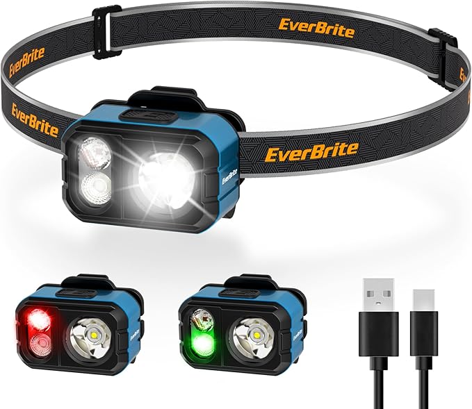 EverBrite Rechargeable LED Headlamp, Only 1.59 OZ Ultra-Light with Hat Clip, IP67 Waterproof, White/Red/Green Light, 7 Modes for Camping, Running and Backpacking-Blue