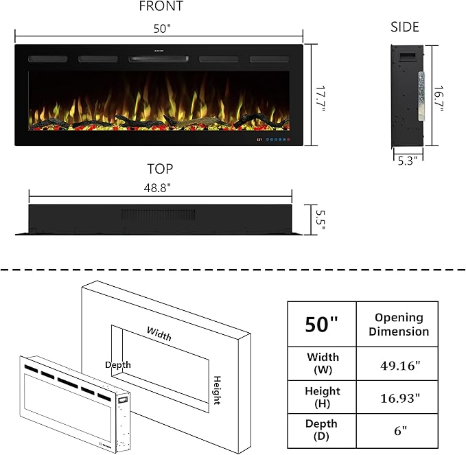 50" WiFi Electric Fireplace Inserts, Recessed and Wall Mounted Fireplace Heater