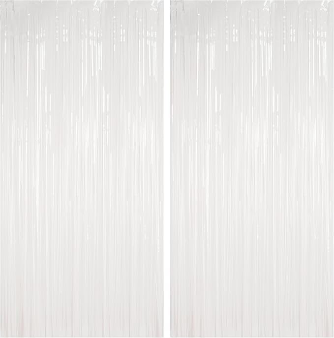 BRAVESHINE Tinsel Photo Backdrop Curtains - 2 Pack 3.2x8.2ft White Foil Fringe Streamer Curtain for Halloween/Boo Day/Valentine’s/Birthday/Christmas/Engagement/Bridal Shower Party Supplies Decorations
