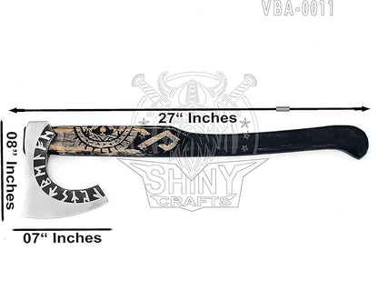 SHINY CRAFTS Viking Axe Hatchet - 27" Long Helm of Awe Carved Forged Steel With Engraving, Medieval Tomahawk, Runic Bearded Axe With Genuine Leather Sheath (VBA-0011)