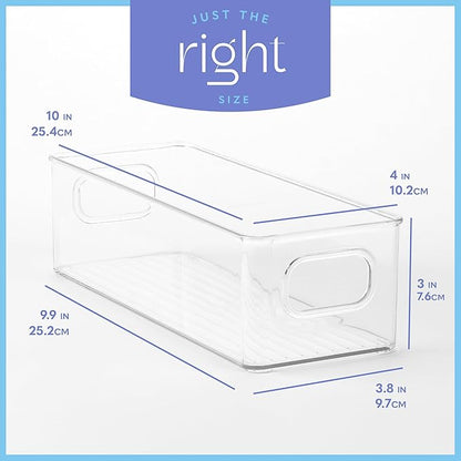 Plastic Food Storage 4 Pack Clear Container Bin with Handles for Organizing Kitchen, Pantry, Fridge, Freezer, Pantry,Bathroom. Stackable. 10"x4"3"
