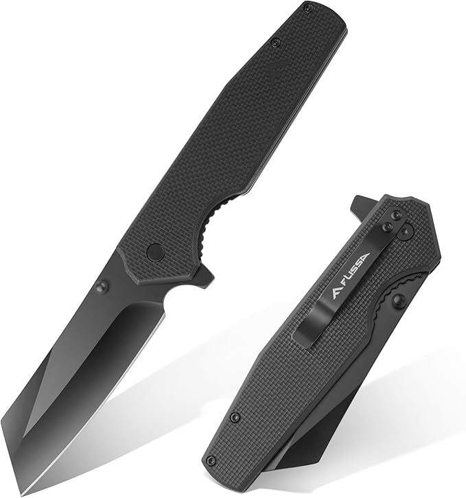 FLISSA Folding Knife, 4-3/4" Reverse Tanto Folding Pocket Knife, Black Stonewash Blade, G10 Handle, for Hunting, Survival, Camping and Outdoor Activities, Great Gifts for Dad, Husband, Friend