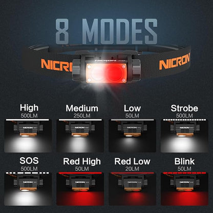 NICRON H15T Headlamp Rechargeable, 500 Lumens LED Headlamp with Red Light, IP67 Waterproof 8 Modes Head Leamps for Camping Running Fishing Adults