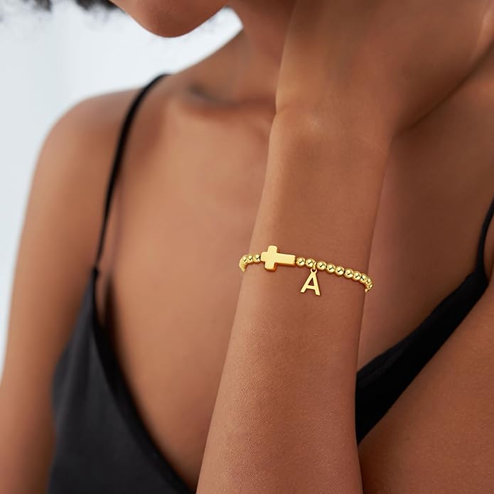 Gold Initial Bracelets for Women Girls - 18K Gold Plated Cross Initial Bracelet Dainty Beaded Bracelet Gold Bracelets for Women Teen Girl Gifts