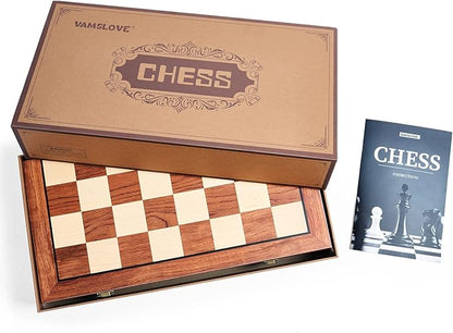 VAMSLOVE Chess Set Large 16''/42cm Folding Wooden Board with Deluxe Weighted Acrylic Chess Pieces - 3.5" King with Storage Slots for Adults House Warming Retirement Gift