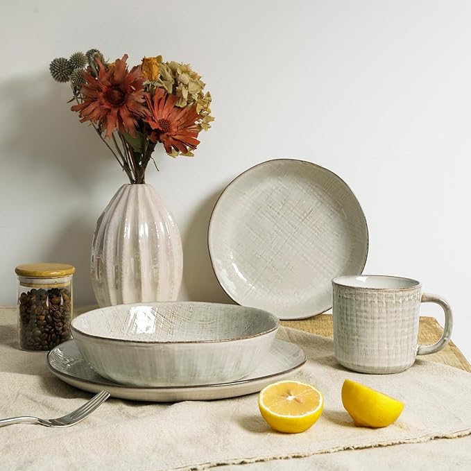 famiware Moonlight 8.5 Inch Pasta Bowls Set of 4, 32oz Serving Bowls for Kitchen, Soup Bowl with Linen Finish, Large Stoneware Bowls for Festivals, Housewarming, Dinnerware, Summer Sand