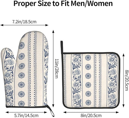 Boho Oven Mitts Set – Vintage Floral Pot Holders Kitchen Gloves