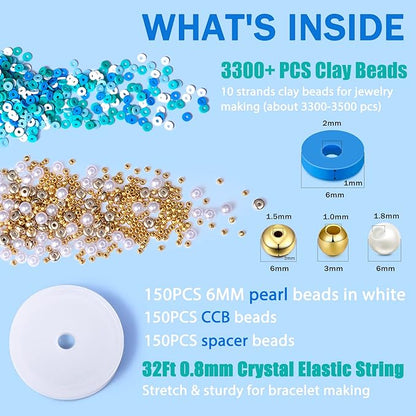 AceFun 3750PCS Clay Beads for Bracelets Making Polymer Clay Beads Kit with Pearl Beads Spacer Beads, Disc Heishi Beads Set for Jewelry Making Necklace Bracelet Earrings Finding, Blue Mixed