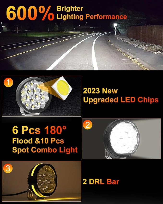 5 Inch Side Shooter LED Pods, Super Bright 34000LM Yellow Flood Spot Beam LED Driving Light w/Amber DRL, 360° Wide Range Off Road Light w/Wiring Harness Kit for ATV UTV SUV - 2Pack