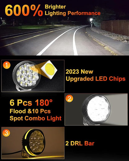 5 Inch Side Shooter LED Pods, Super Bright 34000LM Yellow Flood Spot Beam LED Driving Light w/Amber DRL, 360° Wide Range Off Road Light w/Wiring Harness Kit for ATV UTV SUV - 2Pack