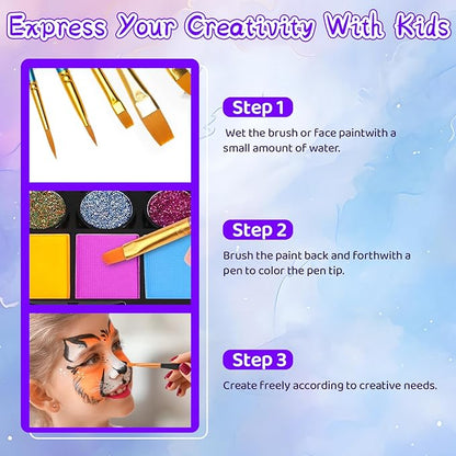 42 Colors Face Painting Kit for Kids，Non-Toxic Water Face Painting Palette Kit Professional whit Brushes，Stencils，Gems，sponges，Book&Glitters.Carnival，Halloween，Cosplay，Party； for Kids Makeup Artist