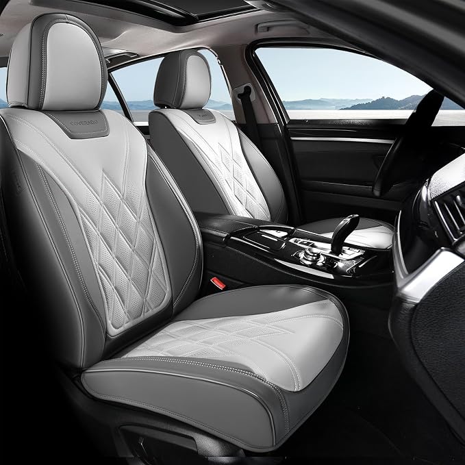 Coverado Car Seat Covers, Front Covers for Cars, Car Seat Cover Front Seats, Automotive Seat Cover, Waterproof, Leather Car Seat Cushion, Universal Interior Seat Protectors for Most Cars Light_Gray