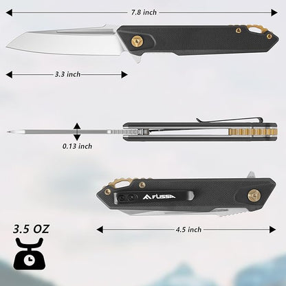 FLISSA Folding Pocket Knife, EDC Knife with D2 Steel Blade and G10 Handle, Pocket Clip, Suitable for Camping, Hiking, Fishing, Daily Use, Outdoor Activities(Black)