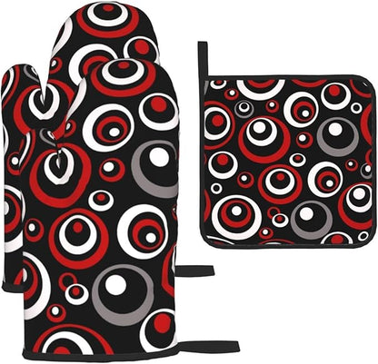 Retro Red Circles Oven Mitt and Pot Holder Set