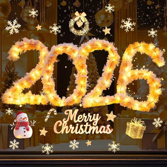 Christmas Window Stickers Clings Cute Snowman Snowflake Winter Golden Light String Pattern Window Decal Decoration Glass Windows Sticker for Xmas 2026 New Year Party Decor Accessories