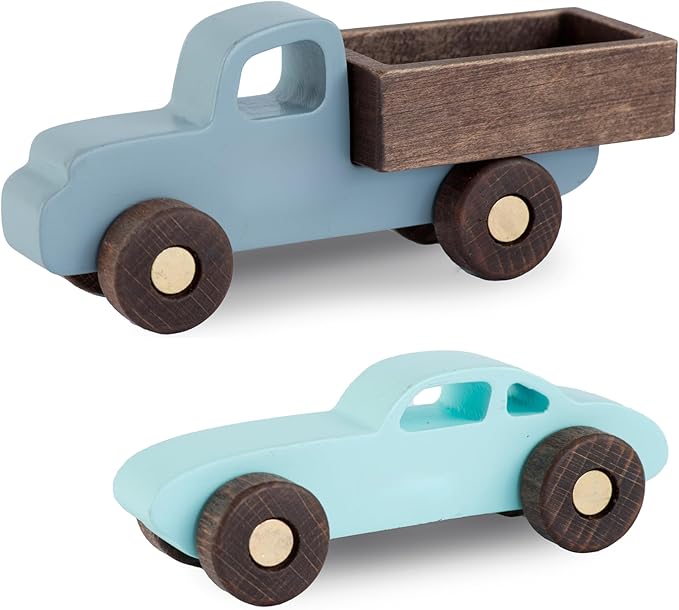 BUSY PUZZLE Colorful Wooden Toy Cars Set 2-Pack Truck and Car Durable Wooden Vehicles for Kids Montessori-Inspired Gift for Toddlers