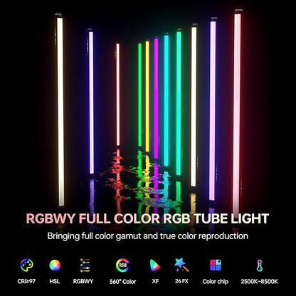 VILTROX K90 2 Pack RGB Tube Light, 30W 38inch Large RGBWY Photography LED Video Stick Light Wand with APP/2.4G/Remote Control, CRI 97+, 26 Scenes, 2500K-8500K, 14.8V/3300mAh Battery, Magnetic Chip