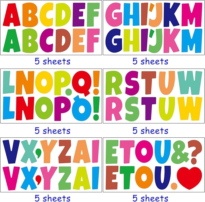 Bemeol 360 Pcs 30 Sheets Bulletin Board Letters 2.5 Inches Alphabet Stickers Self Adhesive Stick on Letters for Poster Board Classroom School Home Decor(Colorful)