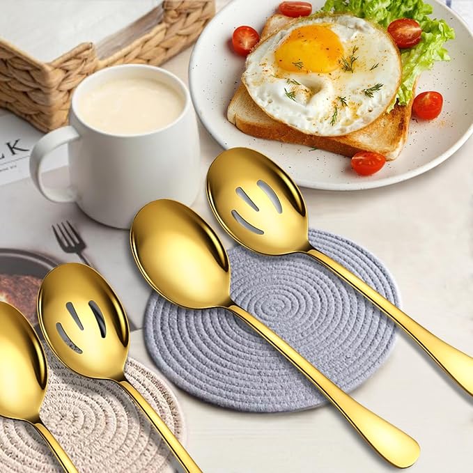 Stainless Steel Serving Spoons Set, 8pc, 10-Inch, Includes 4 Large, 4 Slotted, for Parties/Kitchen/Buffet/Catering, Dishwasher Safe, Gold