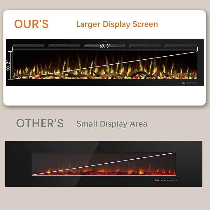 74" WiFi Electric Fireplace Inserts, Recessed and Wall Mounted Fireplace Heater