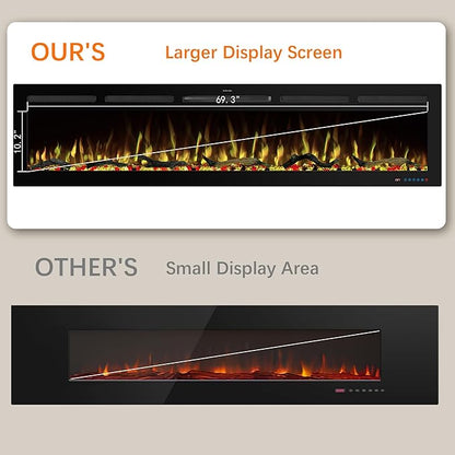 74" WiFi Electric Fireplace Inserts, Recessed and Wall Mounted Fireplace Heater