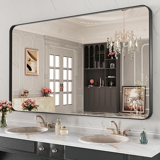 LOAAO 48X28 Inch Black Metal Framed Bathroom Mirror