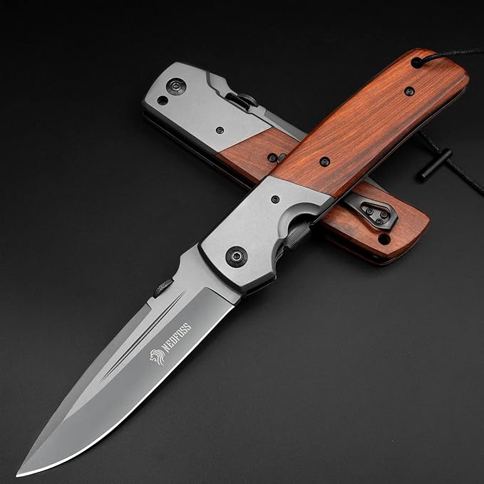 NedFoss DA52 Pocket Knife for Men, 5'' Large Folding Knife, 11'' Survival Knife with Rosewood Handle, Safety Pin, Pocket Clip, Liner Lock