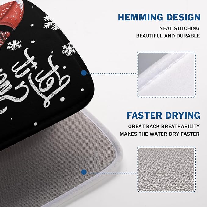 Black Snowman Dish Drying Mats for Kitchen Counter, Winter Snowflake Dish Mat